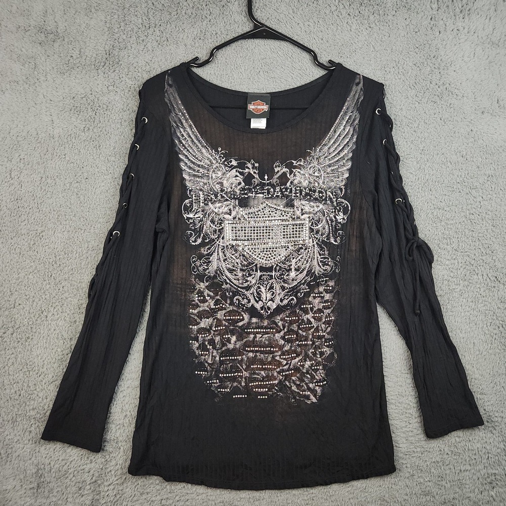 Harley-Davidson Graphic Tee Womens XL Black Rhinestones Lace Up Sleeves Sheer